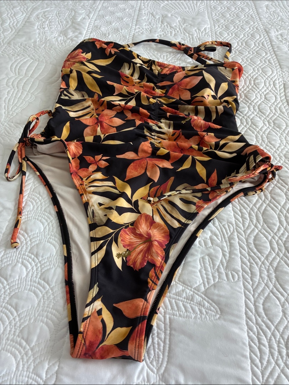 Cupshe Floral One-Piece Swimsuit - Black with Orange & Gold Leaves - Picture 2 of 6